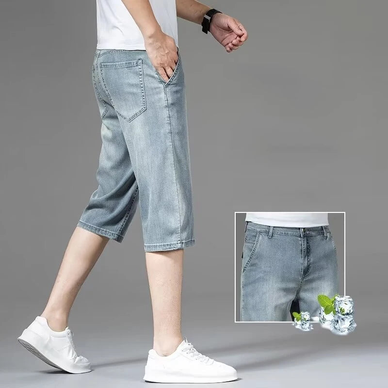 Summer Men High Quality Lightweight Capri Pants Male New Loose Straight Leg Denim Pants Daily Comfortable Versatile Jeans