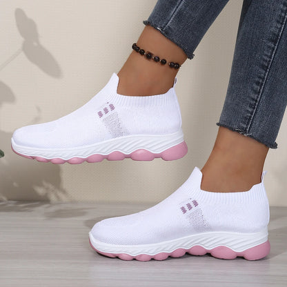 Grid mesh slip-on street sneakers, integrated stretch ribbed collar, thick wavy layered two-tone midsole daily walking shoes
