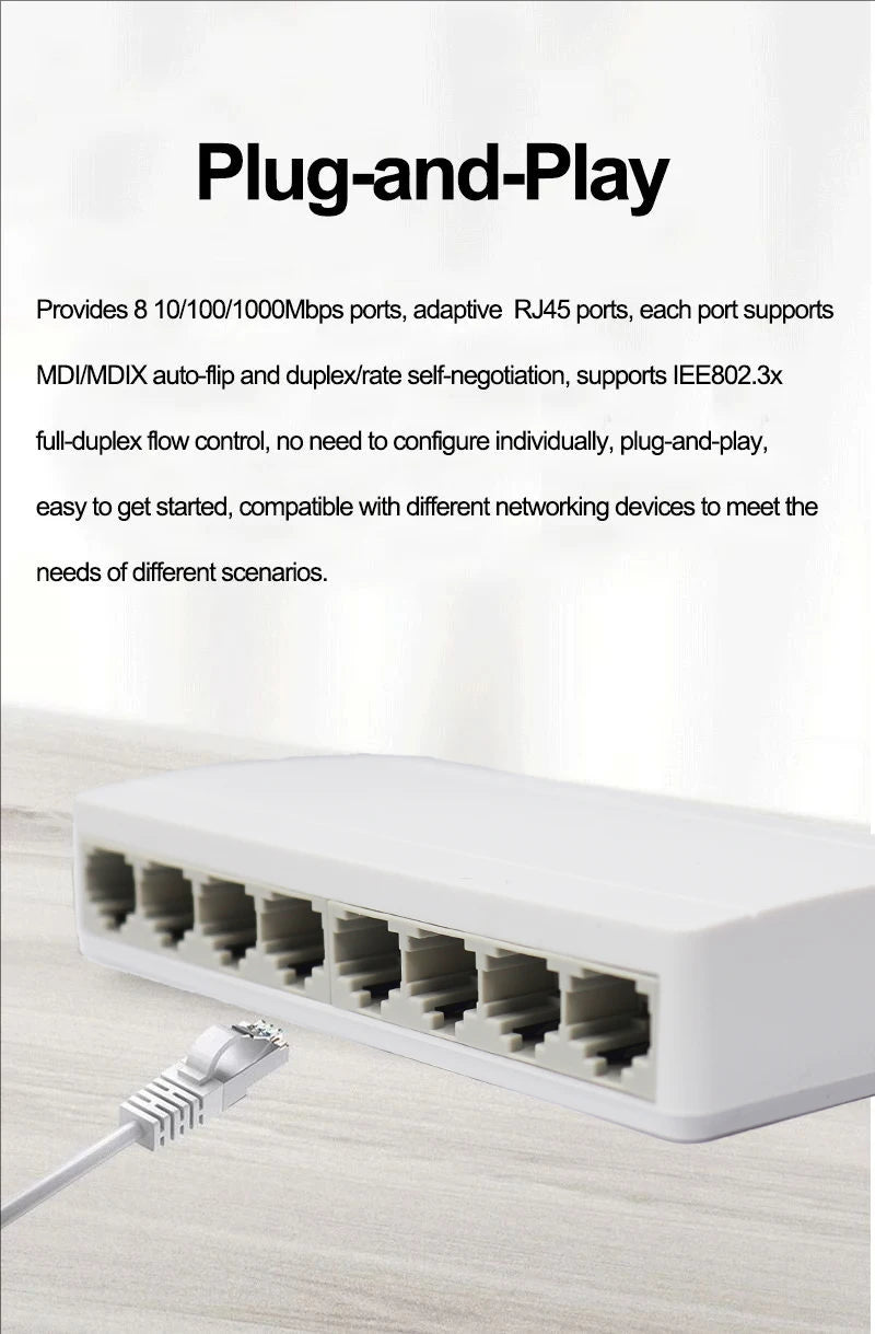 8 Port Gigabit Ethernet Switch10/100/1000Mbps Desktop Network Switch, Plug & Play, Auto MDI/MDIX, RJ45 LAN Hub for Home Office