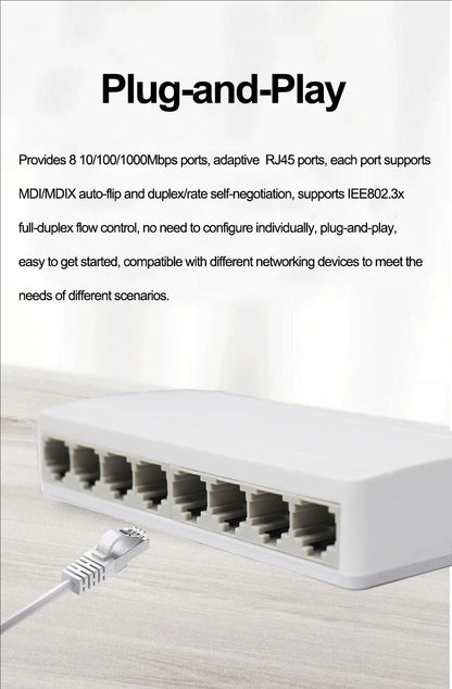 8 Port Gigabit Ethernet Switch10/100/1000Mbps Desktop Network Switch, Plug & Play, Auto MDI/MDIX, RJ45 LAN Hub for Home Office