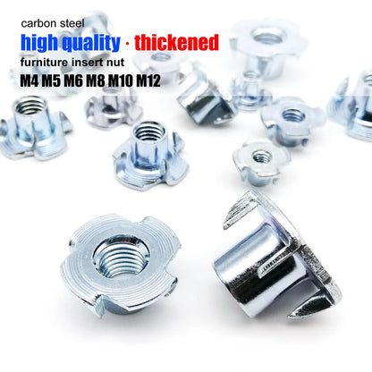 2/10/20pc M4 M5 M6 M8 M10 M12 Thickened Steel Four Claws Speaker Nut Blind Pronged Insert T-Nut for Wood Furniture Length=8-17mm