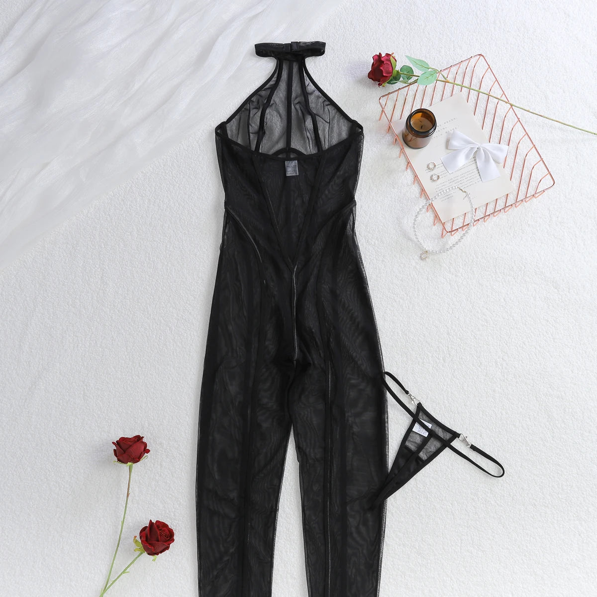 Fashionable slimming vertical stripe 2025 black silk see through sheer slim fit and sexy hanging neck jumpsuit