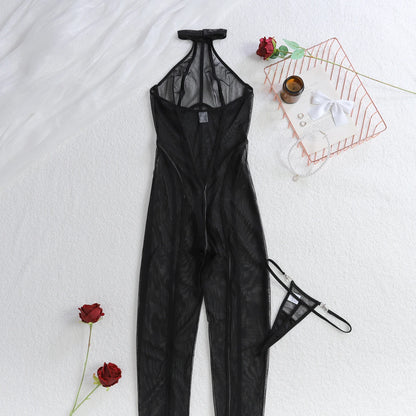 Fashionable slimming vertical stripe 2025 black silk see through sheer slim fit and sexy hanging neck jumpsuit