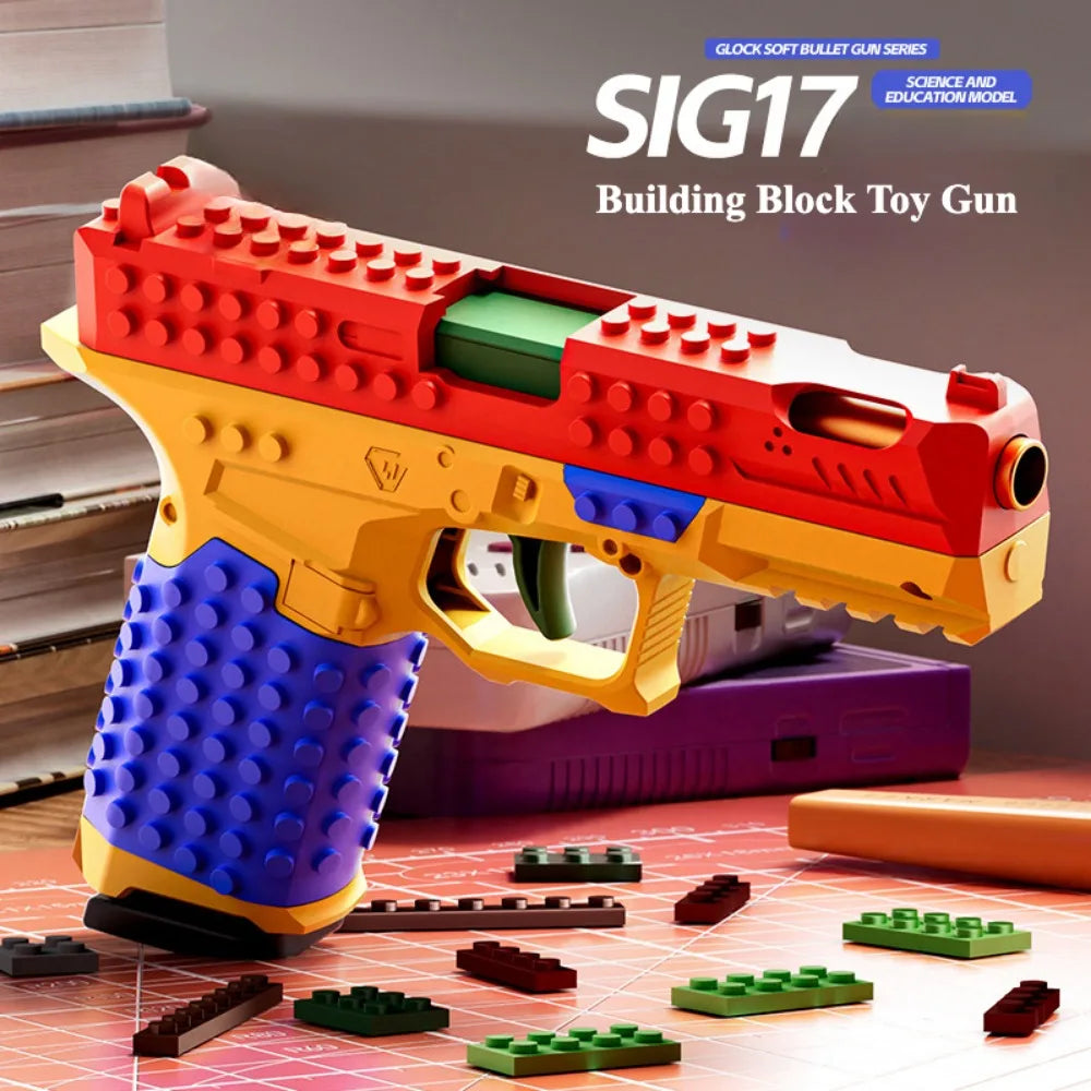 SIG17 Hanging Toy Gun Continuous Firing Building Block Pistol Shell Throwing Airsoft Blowback Toy Outdoor Shooting for Children