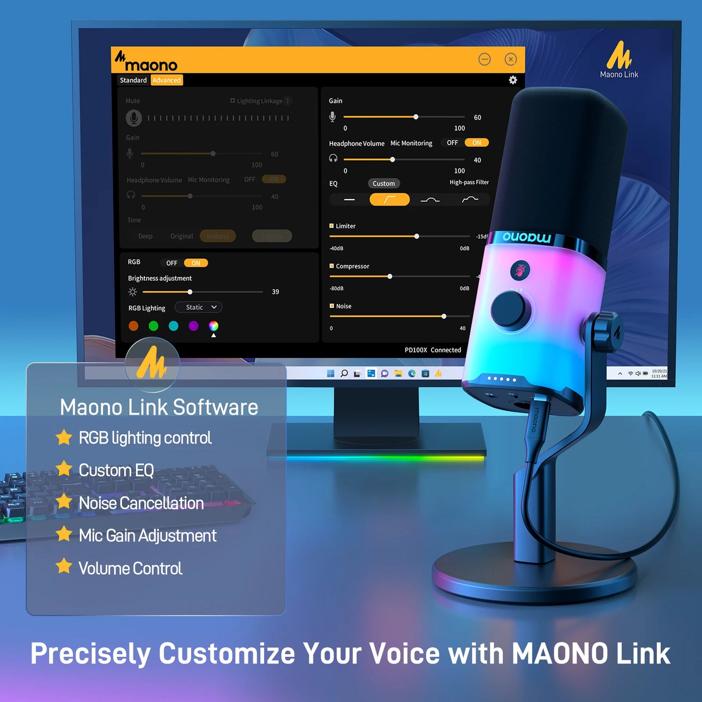 MAONO USB/XLR Gaming Microphone for PC PD100X Dynamic Microphone Noise Reduction Headphone Jack RGB for Streaming Podcasting