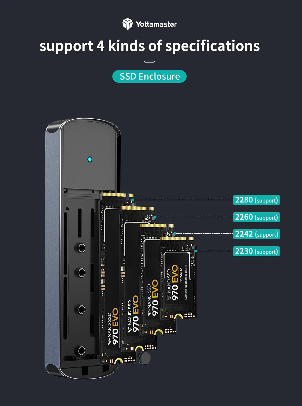 Yottamaster SATA M.2 NVMe SSD Enclosure Dual Portocol NVMe to USB Adapter USB 3.1 Gen2 USB C External Case Box Aluminum alloy