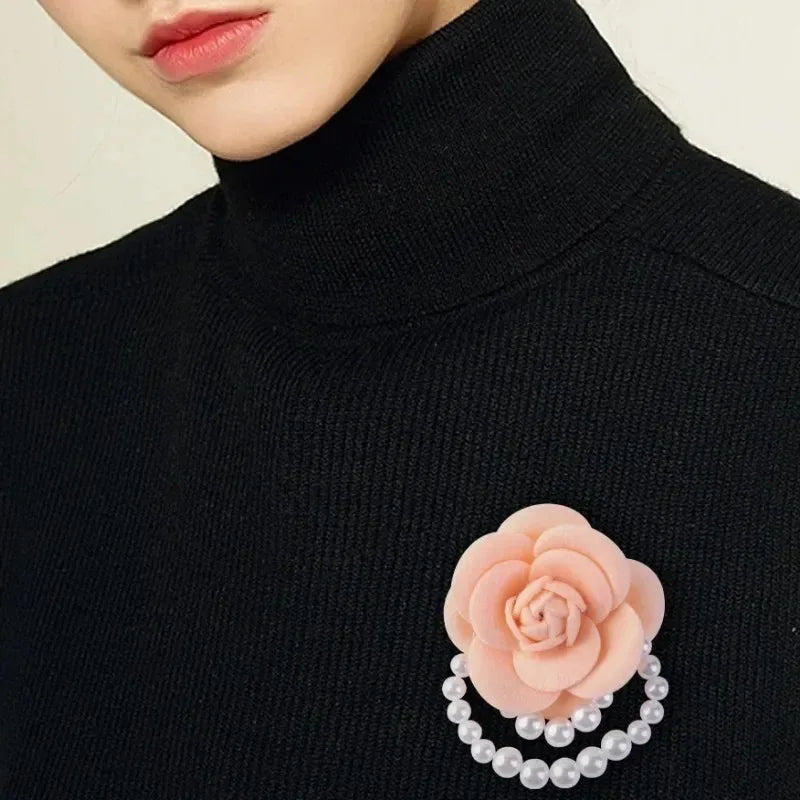 Multicolor Camellia Brooch Women Retro White Black Red Pink Wool Scarf Buckle Girls Pearl Brooches Elegant Jewelry Accessories