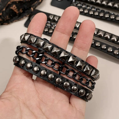 Punk Dark PU Bracelet For Women Men Hip Hop Rock Chain Multi Layered Bracelet Trend Retro Gothic Jewelry Dancer Accessories