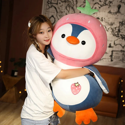 1PC Kawaii Cartoon Penguin Plush Toy Soft Doll Dress up Strawberry Orange Kids Plushie Girls Gift