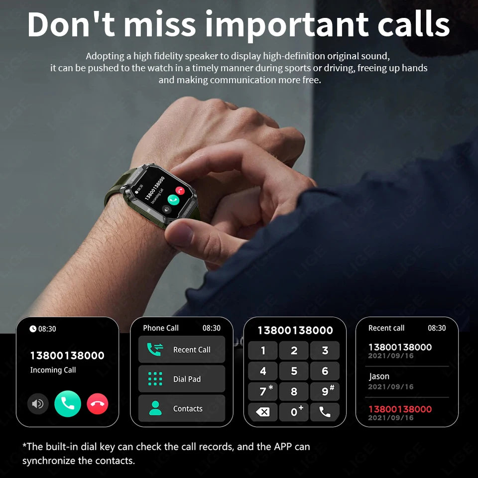 LIGE nowy wytrzymały wojskowy smartwatch z połączeniami Bluetooth dla mężczyzn 1,95" ekran HD 100+ trybów sportowych monitorowanie zdrowia Smartwatch dla Androida i iOS
