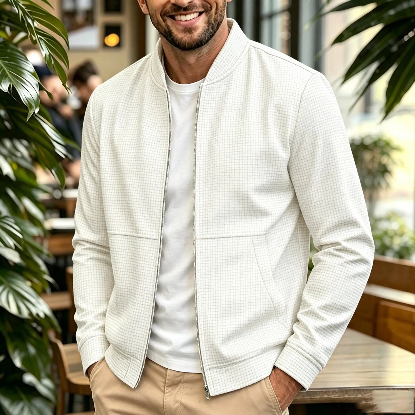 Men's Casual Bomber Jacket, Stand Collar Full Zip Outerwear with Pockets, Everyday Business Casual Wear