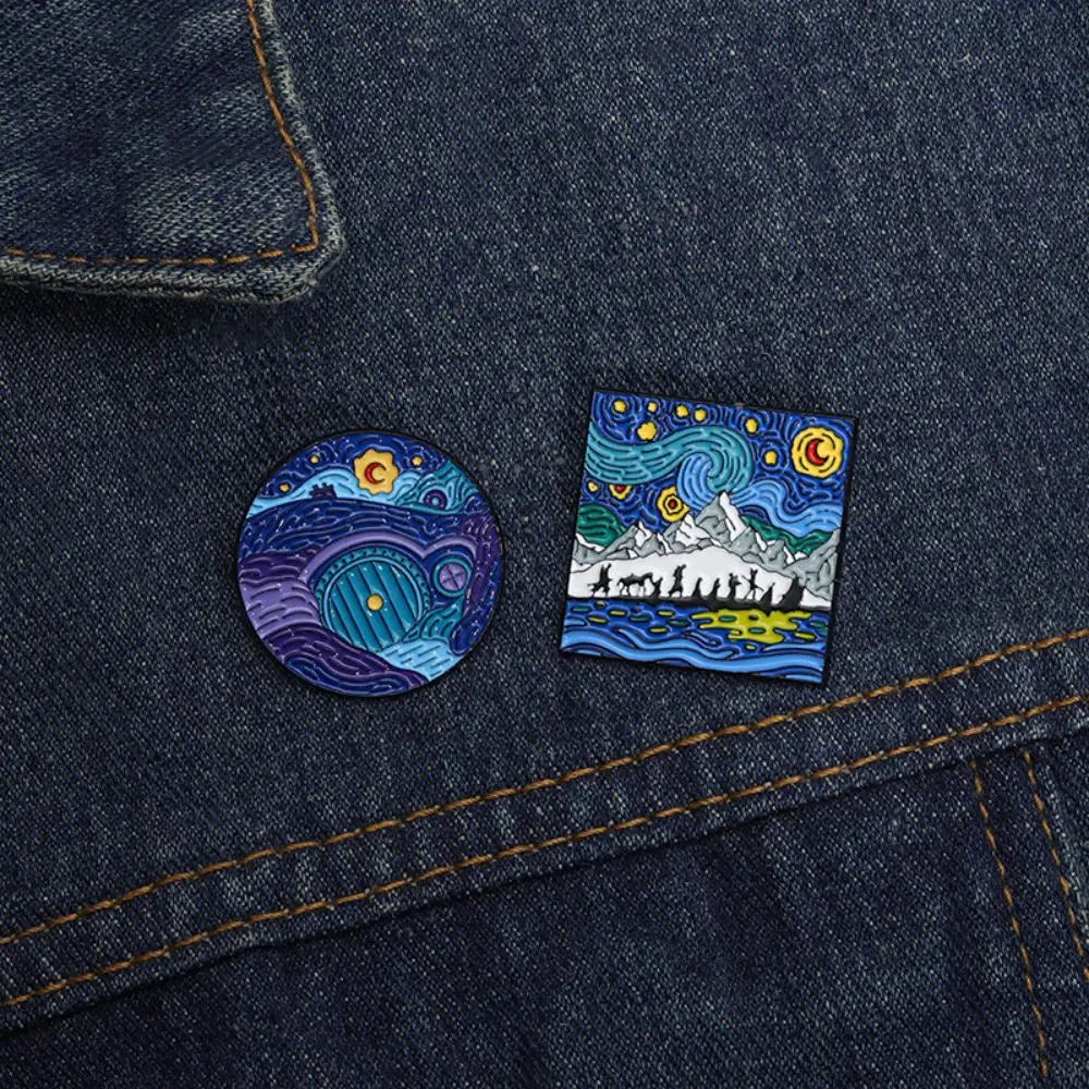 Blue Night Sky Oil Painting Enamel Pins Creative Cartoon Landscape Brooch Lapel Badges Animal Jewelry Gift for Friends