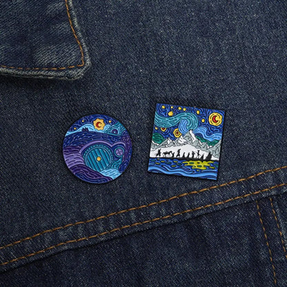 Blue Night Sky Oil Painting Enamel Pins Creative Cartoon Landscape Brooch Lapel Badges Animal Jewelry Gift for Friends