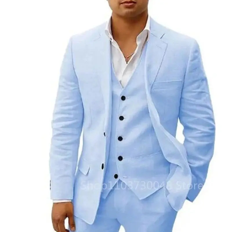Light Blue/Beige Linen Notch Lapel Slim Fit Summer Men Suits 3 Piece Groom Tuxedos  Blazer Pants Sets Wedding Prom Costume Homme