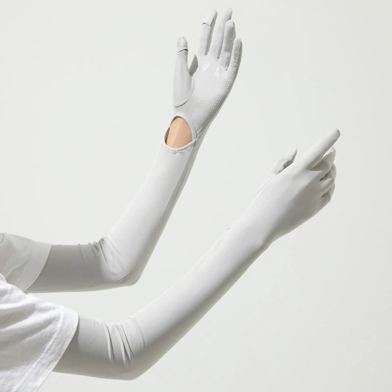 56.5CM Women Summer Ice Silk Sunscreen UV Protection Long Clamshell Gloves Elasticity Antiskid Quick Drying UPF 50+ Adjustable