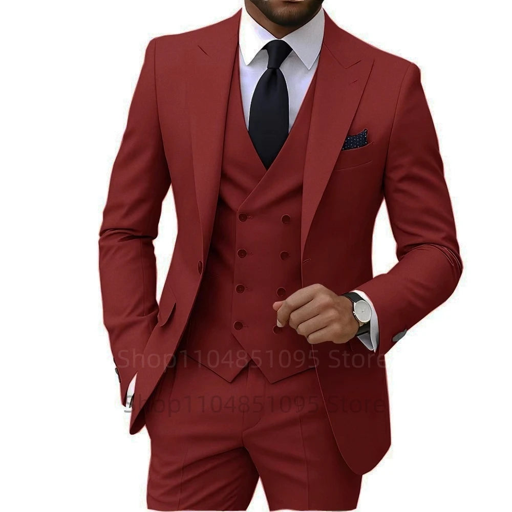 Slim Fit 3-Piece Men's Suit Set for Office Formal Business Wedding Groom Tuxedos Jacket Vest Pants Casual Male Men Clothing