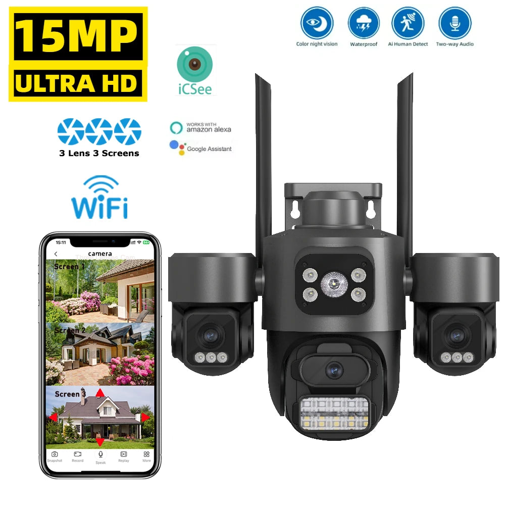 15MP ICSEE Protocol Security Camera 3-HD Screens Auto Tracking Color Night Vision 2-Way Audio Outdoor WiFi CCTV Cam