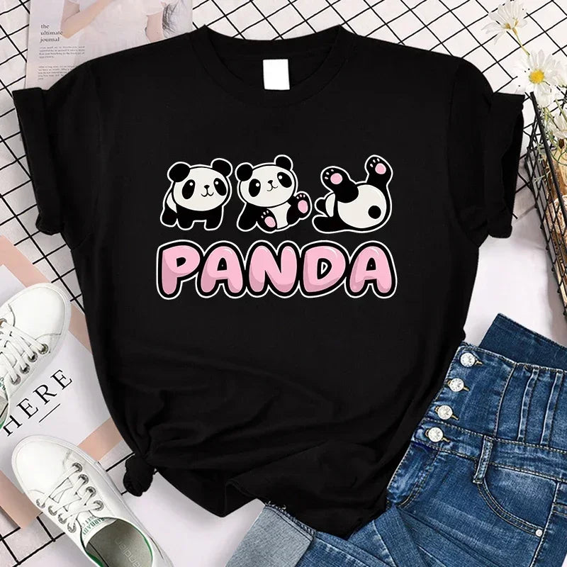 Cartoon Casual Creative T-shirt Vintage Round Neck Clothes Funny Cute Panda Printed T Shirt for Women Summer Sleeve