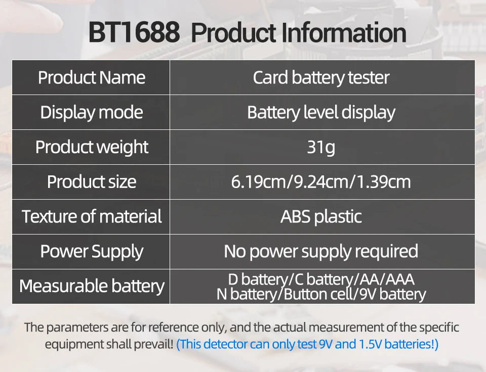 ANENG BT1688 Universal Card Battery Tester D C AA AAA N Battery Test Intuitive Detector Portable  9V 1.55V Button Cell Tools