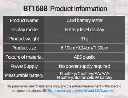 ANENG BT1688 Universal Card Battery Tester D C AA AAA N Battery Test Intuitive Detector Portable  9V 1.55V Button Cell Tools