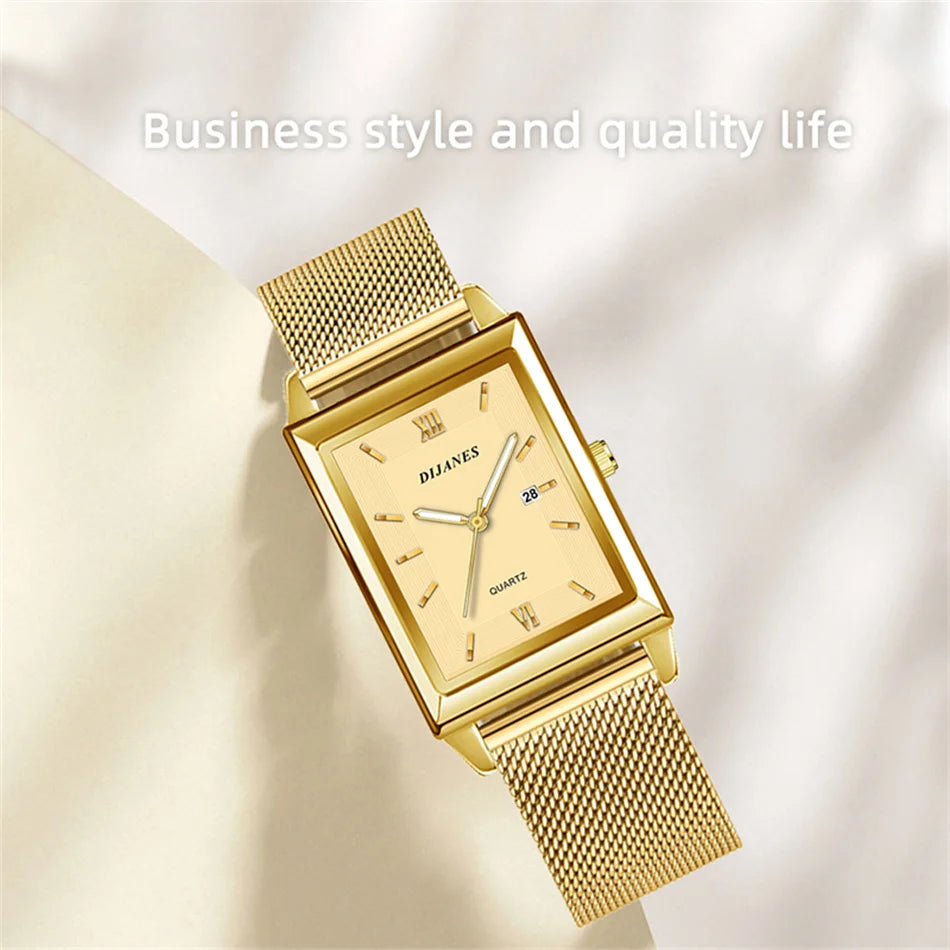 Men's Calendar Date Sport & Leisure Leather Clock 2023 Luxury Business Golden Stainless Steel Mesh Band Quartz Man Watches