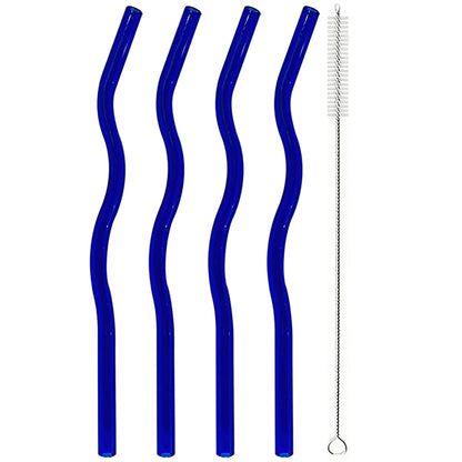 4pcs 200*8mm Glass Straws Wavy Colorful Drinking Straw Set with Brush High Borosilicate Glass Straw Kitchen Party Bar Drinkware