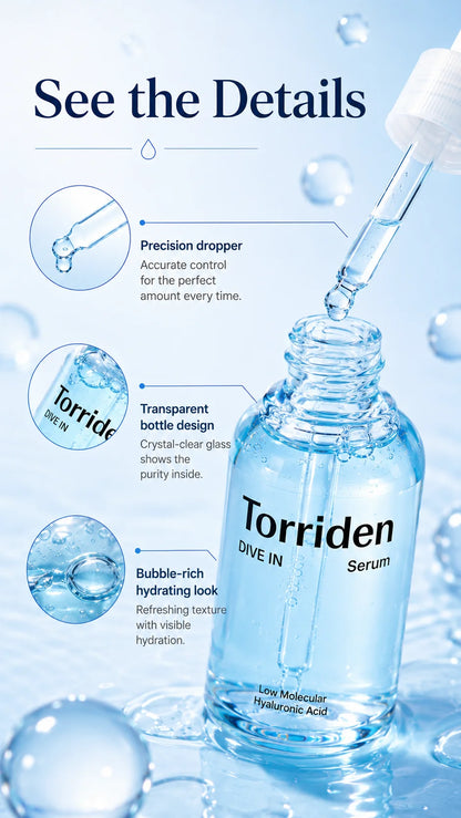 Torriden DIVE-IN Low-Molecular Hyaluronic Acid Serum 50ml,Featherlight,Moisture Retention Aid,Korean Skincare,for Korean Makeup