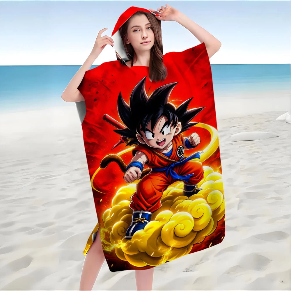 Dragon Ball Z Kid Goku Hooded Bath Towel, Parent-Child Matching Microfiber Quick Dry Absorbent Bathrobe Poncho for Beach Swim