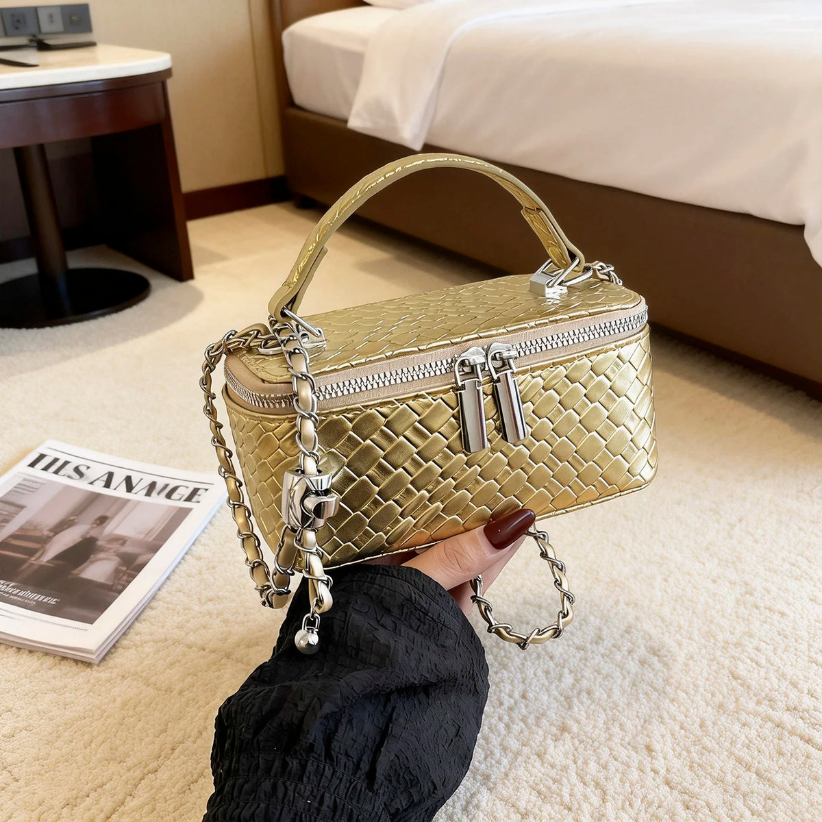 Retro Women Crossbody Bag Woven Pattern Soft PU Leather Handbag Multi Function Adjustable Chain Strap Shoulder Bag for Commute