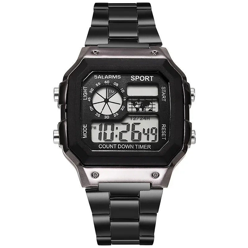 YIKAZE Luxury Men's Business Watch Stainless Steel Strap Men Digital Watch Luminous Multifunction Sports Electronic Wristwatch