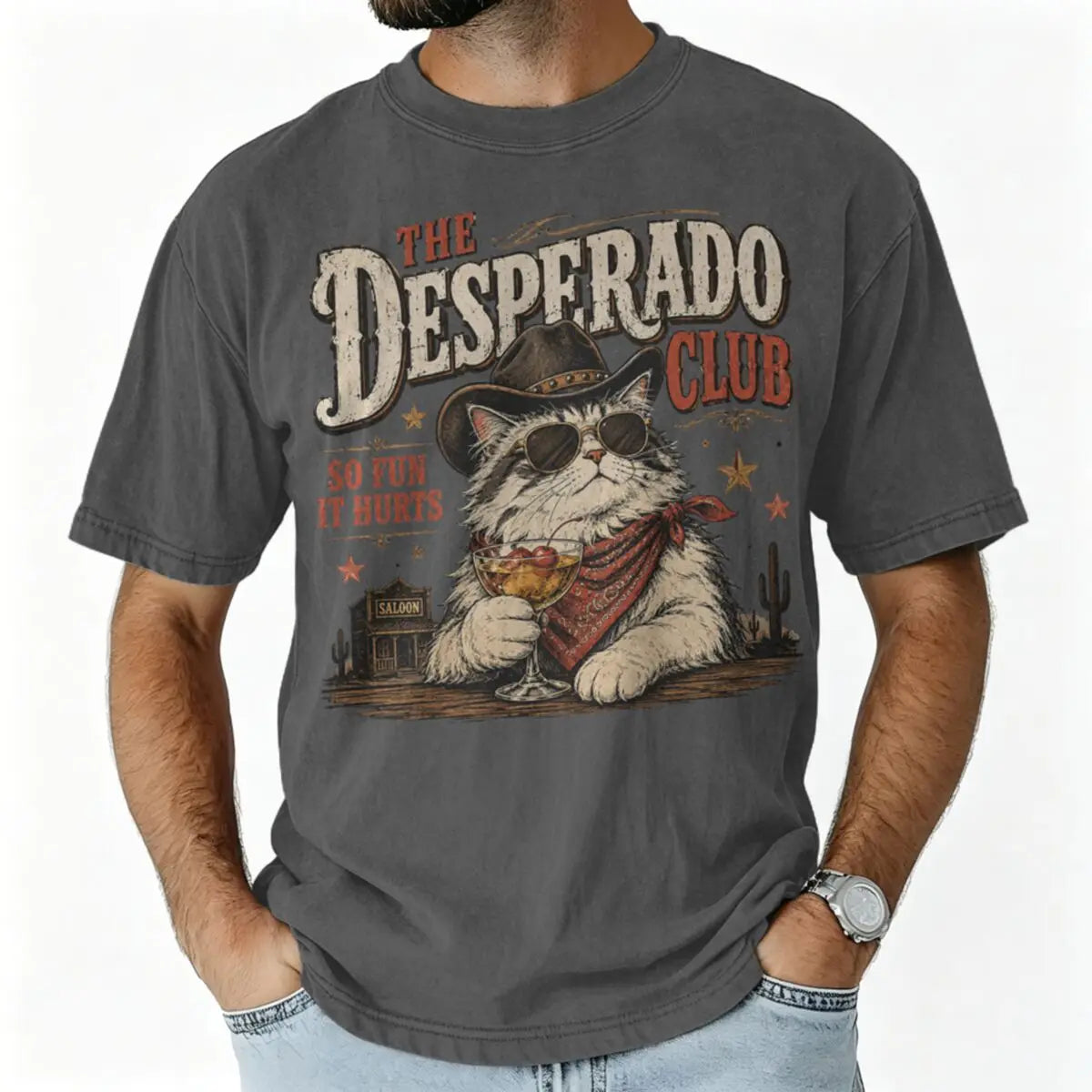 Vintage Washed Western Cowboy Cat T-shirt Cute Animal Manga T-shirts Men Women Cotton Casual Oversized T Shirt Tops