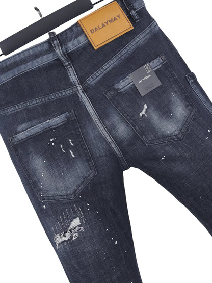 6060 Four Seasons New Men's Washed Ripped Patch Old Slim-fit Straight Black Jeans for Men