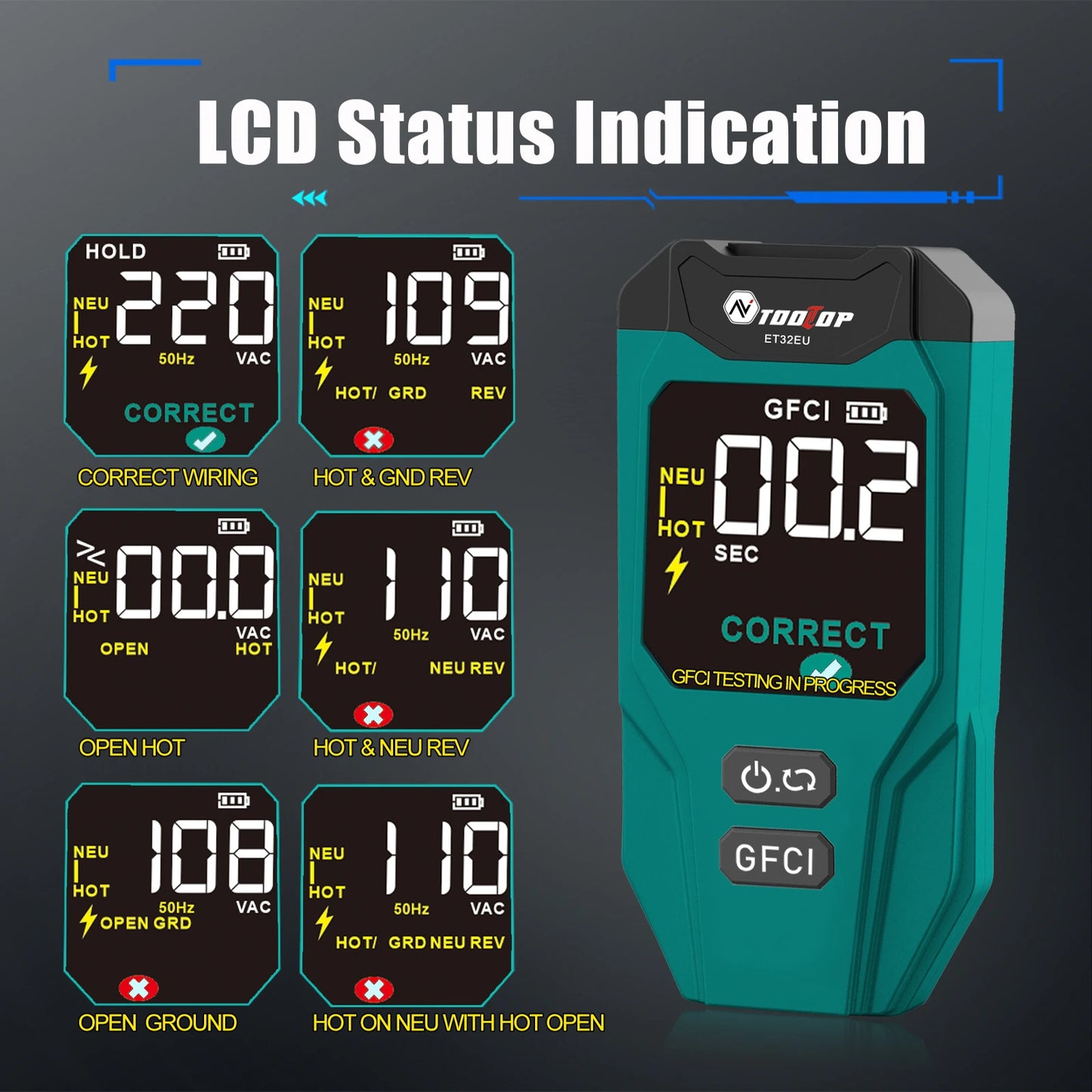 TOOLTOP ET32 Digital Circuit Breaker Finder Neutral/Live Wiring Detect GFCI Outlet Tester US/EU/UK Socket Voltage Measurement