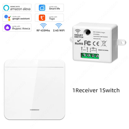 Tuya WiFi Smart Switch RF 433Mhz Wireless Switch 86 Wall Panel Mini Relay Module Smart Home Gadgets Voice for Alice Alexa Google