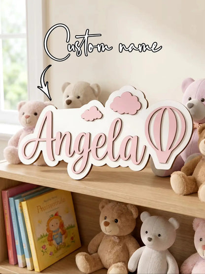 Custom Name Hot Air Balloon Cloud 3D Wooden Name Sign, Personalized Girl Nursery Wall Plaque, Kids Bedroom Table Decor