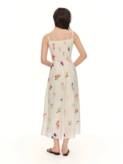 DUSHU French Floral Slip Dress Textured Plant Print Square Neck Midi Dress A-Line Waist Slimming Casual Dress Women Apricot