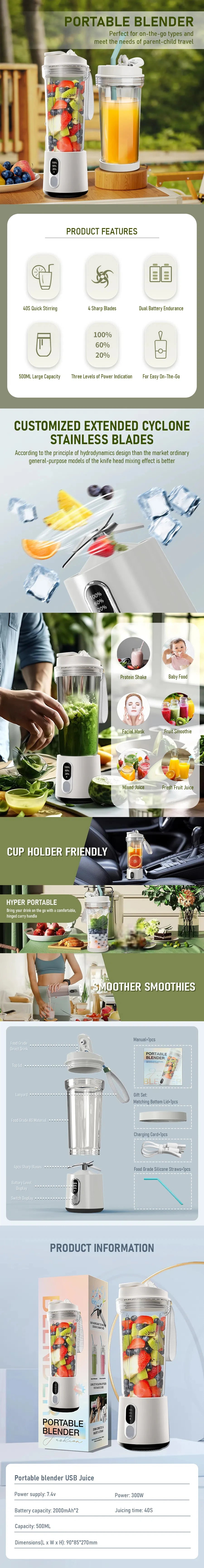 New 300W Powerful Electric Juicer 4000mAh Dual-use Juice Cup Home Outdoor Fresh Fruit Smoothies Blender BPA-Free Portable Cup