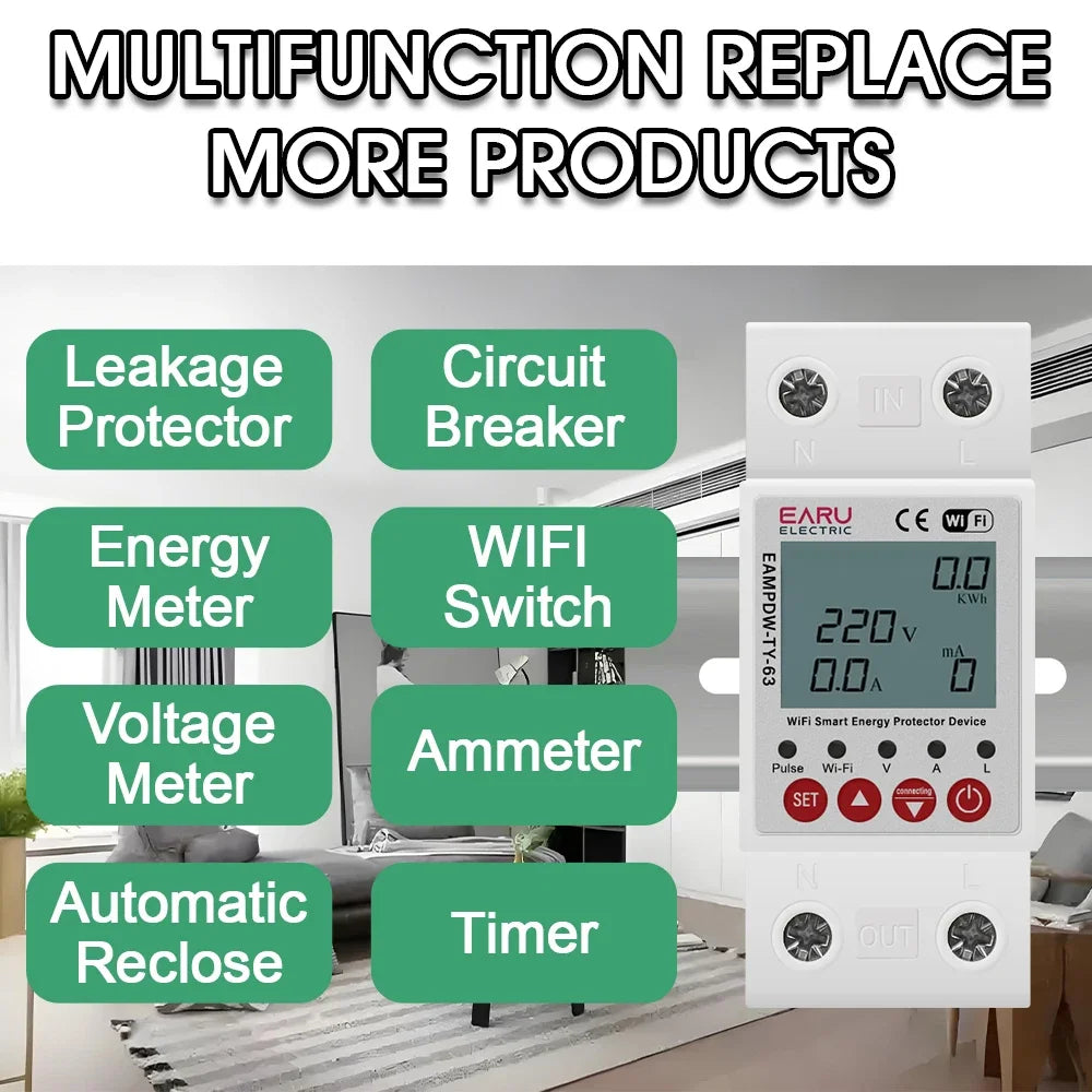 Tuya WiFi Smart Energy Meter Power kWh Meter Earth Leakage Over Under Voltage Protector Time Relay Device Switch Circuit Breaker