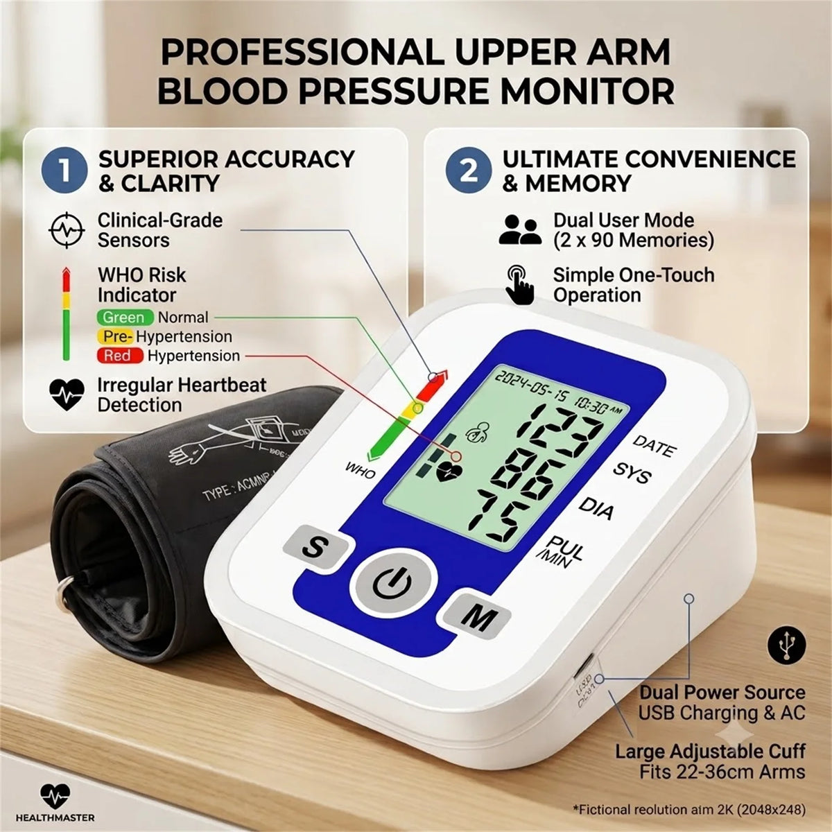 Automatic Arm Blood Pressure Monitor LCD Pressure Sensor Monitor BP Automatic Tonometer Digital Tensiometer LED Display Cuff