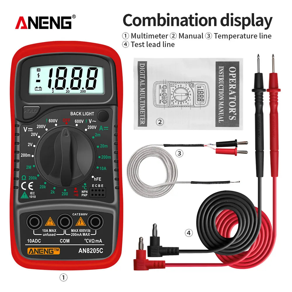 Digital Multimeter Professional ANENG AN8205C AC/DC Voltage Meter DC Current Resistance Diode -40℃~1000℃ LCD Backlight Tester
