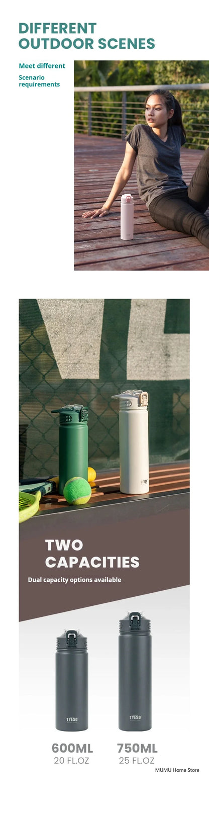 TYESO 600/750ML Stainless Steel Thermos with Straw, Car Sports Water Cup, Hot & Cold Insulated Mug