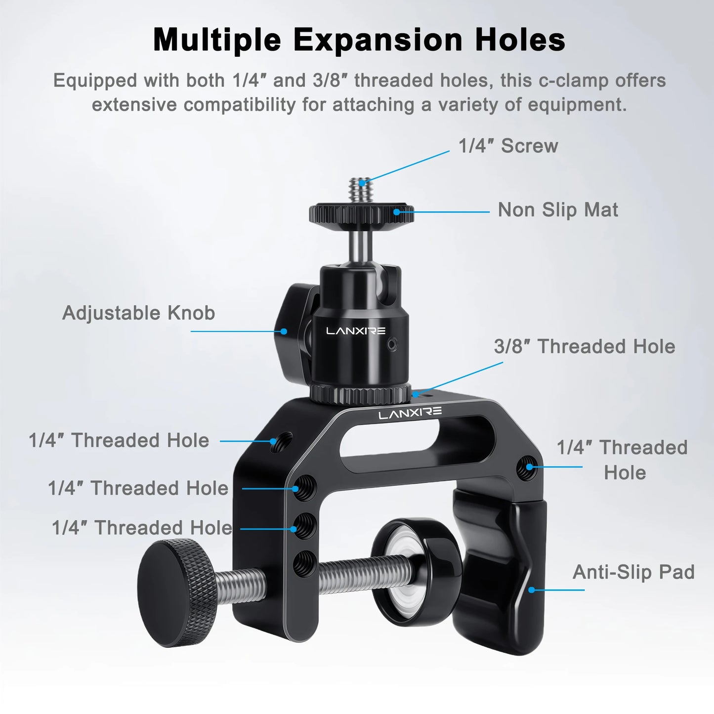 Lanxire C Clamp Camera Mount Clamp with 1/4" Screw Mini Ball Head for Camera, Gopro, Insta360, Flash Light, Monitor, Microphone
