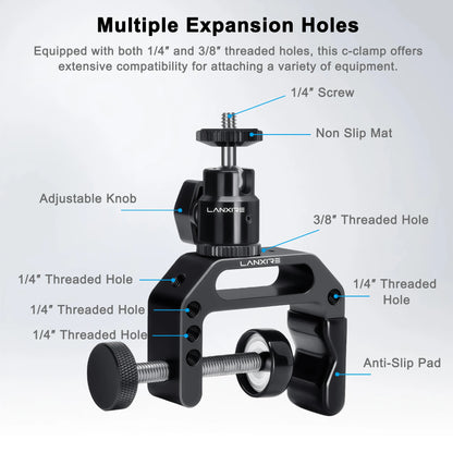 Lanxire C Clamp Camera Mount Clamp with 1/4" Screw Mini Ball Head for Camera, Gopro, Insta360, Flash Light, Monitor, Microphone