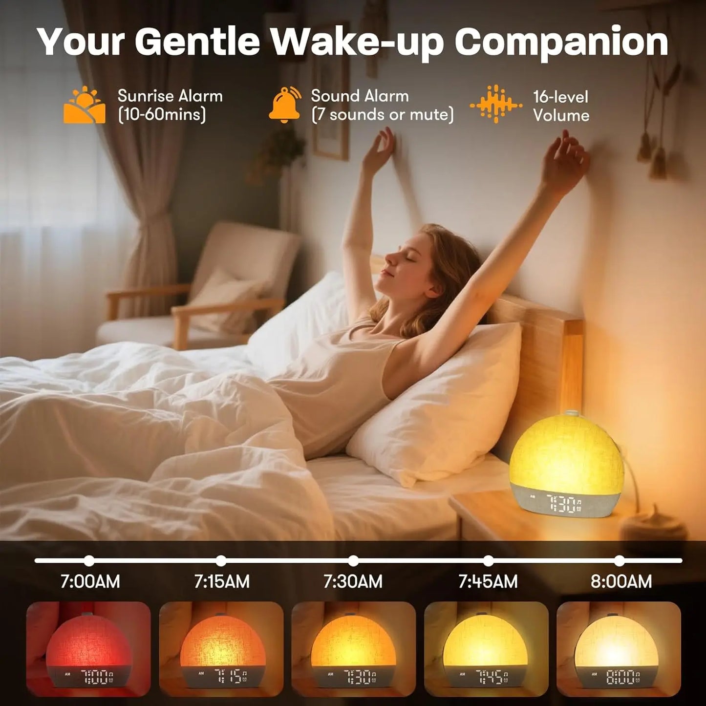 Wake Up Light Sunrise Alarm Clock Timer 30 White Noise Sound Machine Dimmable RGB Night Lights Sleep Aid Snooze Ideal for Gift