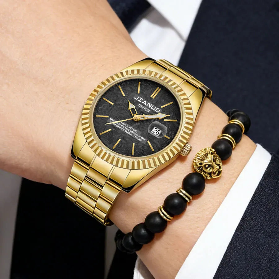 Luxury men's steel band watch calendar embossed atmosphere trend gold business quartz watch 2-piece set lion bracelet watch