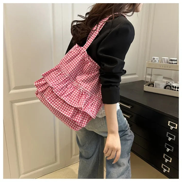 Cute Plaid Cotton Tote Bag Large Capaci Lace Trim Women's Summer 2026 Simple Lady Handbag Soft Shoulder Bags Bolsa Feminina