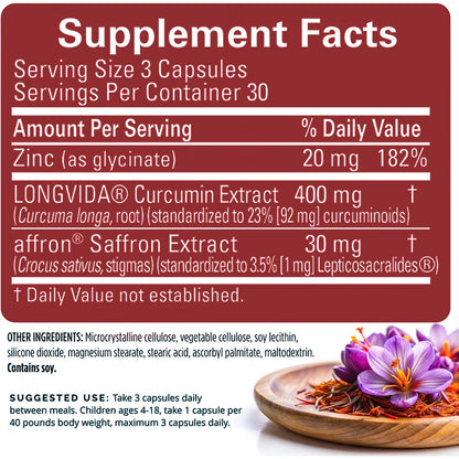 Saffron Supplements With Saffron Flower Extract, Curcumin & Zinc for Mood, Memory & Eye Health, Joint Supplements for Men Women