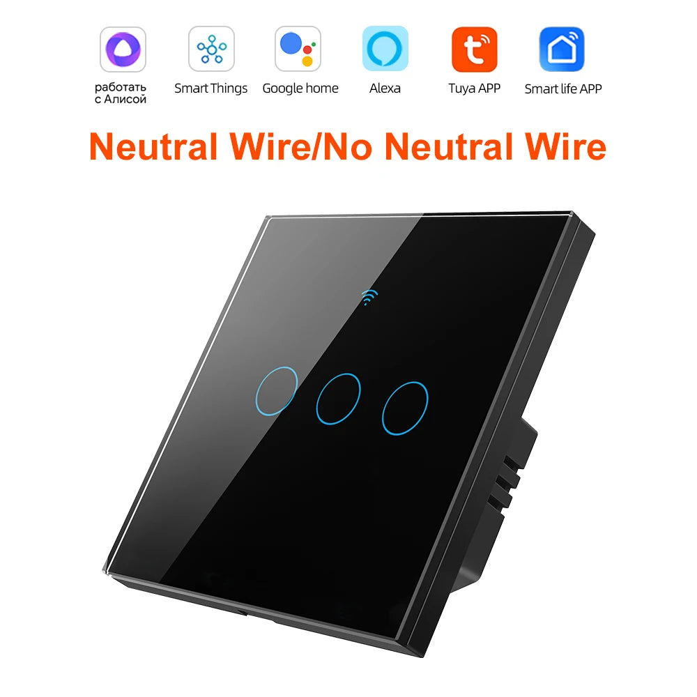 Tuya Smart Wifi Light Switch No Neutral Wire Touch Panel EU 1/2/3 Gang Wall Switch Wireless Control Voice Control Alexa Google