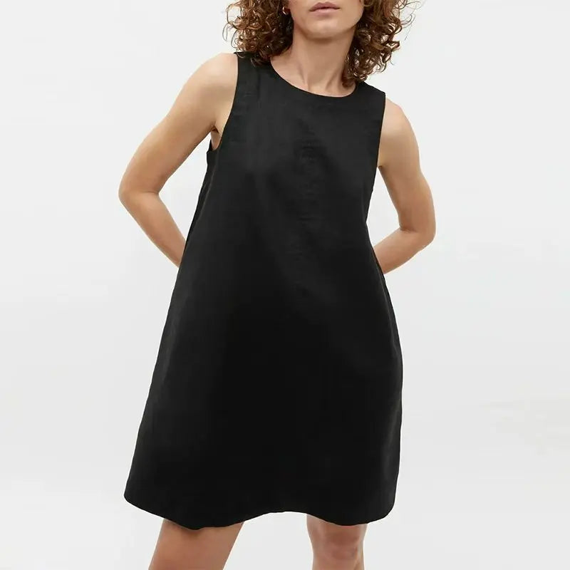 Classic Solid Color Cotton-Linen Women's Dress New Arrival Simple Sleeveless Tank Dress Casual Round-Neck Summer Dresses