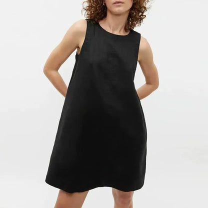 Classic Solid Color Cotton-Linen Women's Dress New Arrival Simple Sleeveless Tank Dress Casual Round-Neck Summer Dresses
